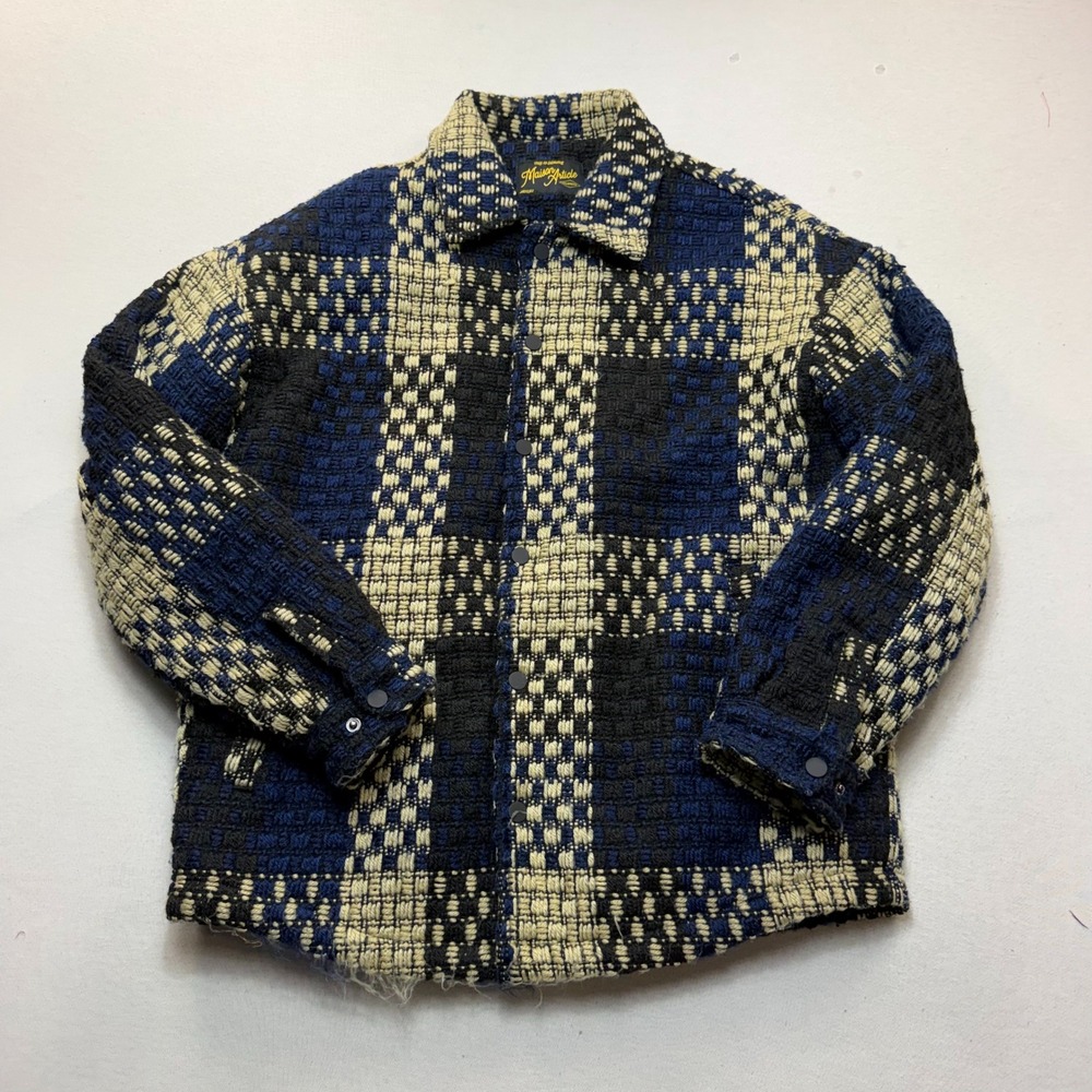 Maison Article Plaid Woven Shirt Jacket Mens Large Blue Black Excellent Quilted